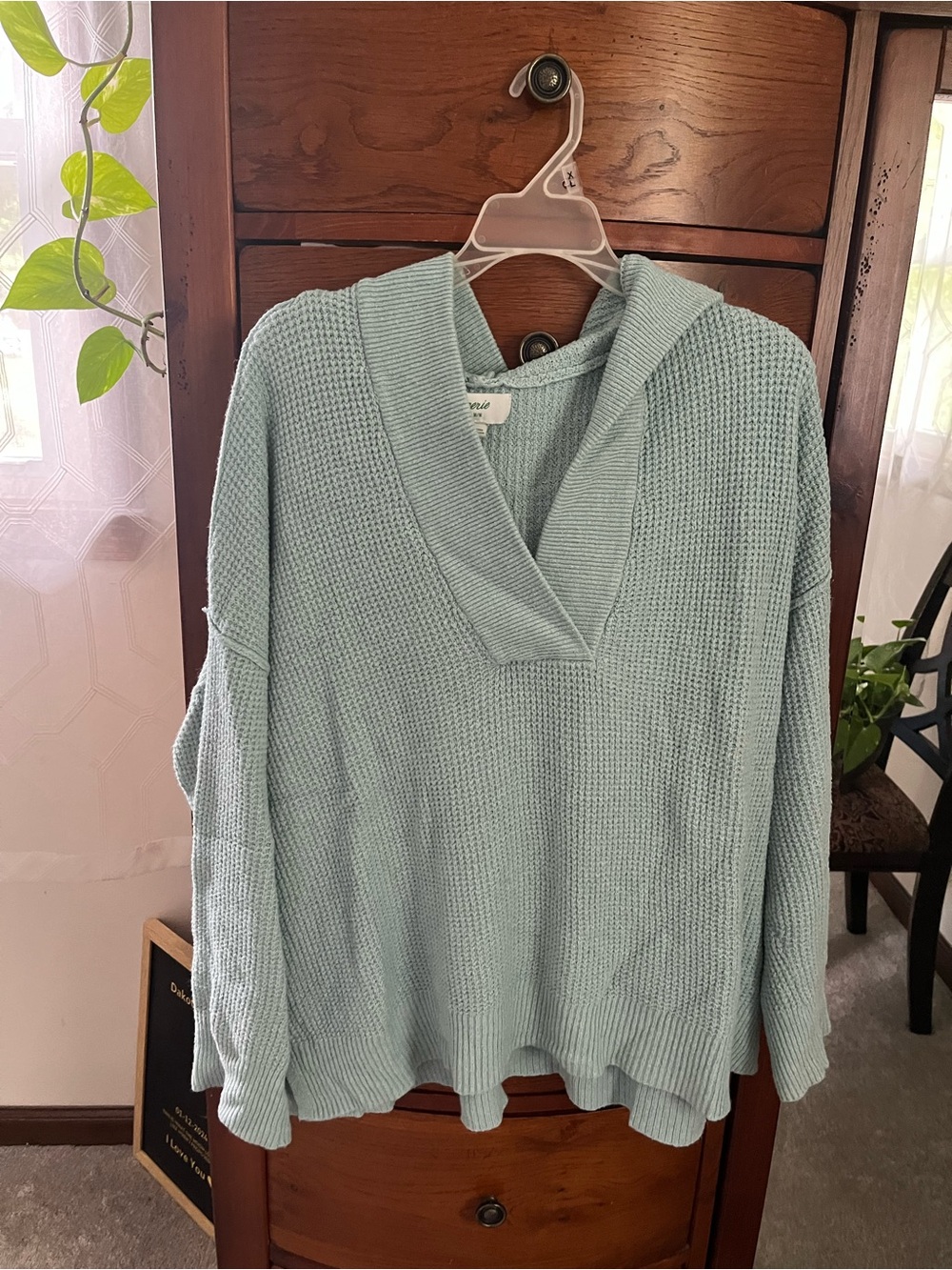 aerie Mint Green/Blue Waffle-Knit V-Neck Hooded Top